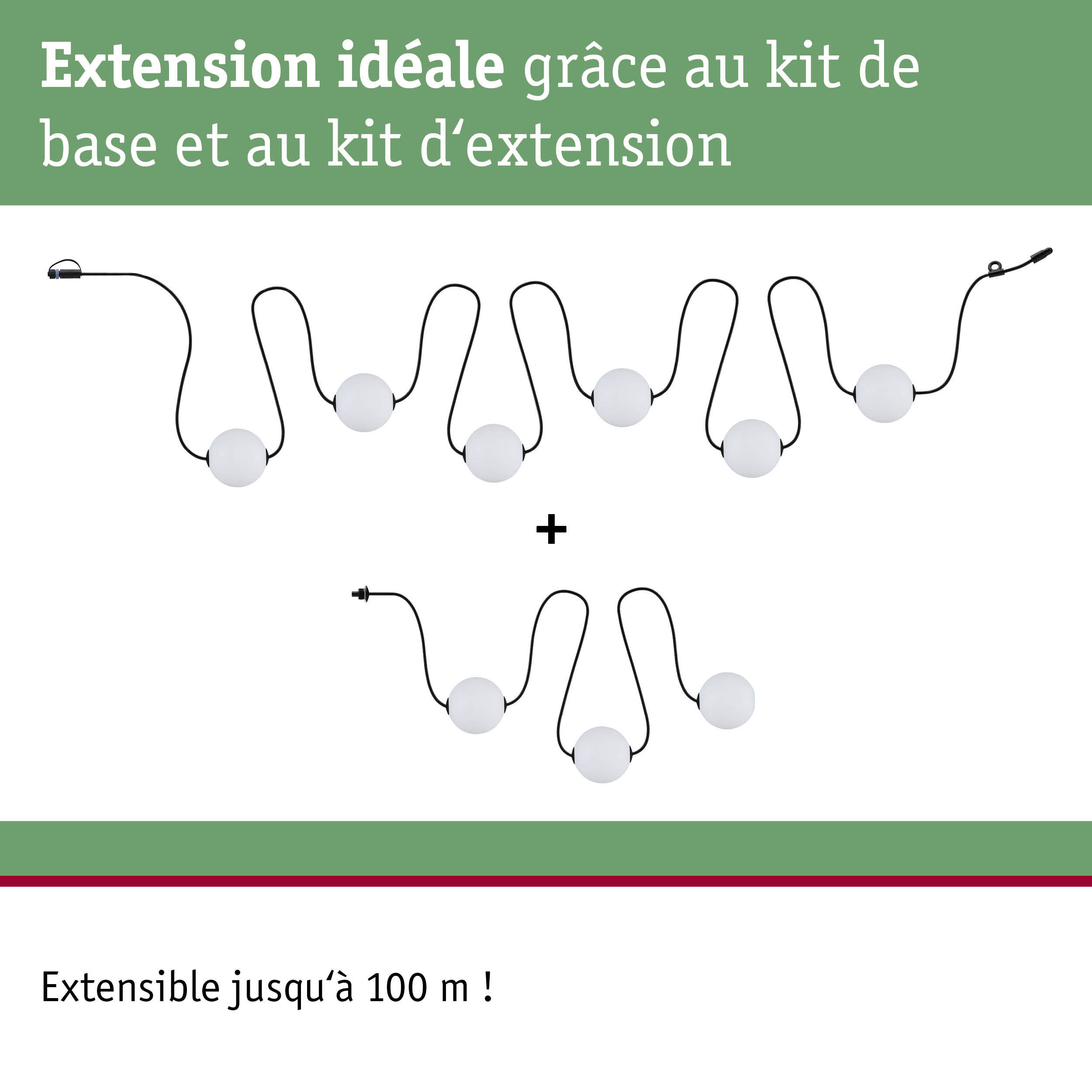 Câble lumineux LED modulaire avec sphères blanches et câble noir pour extension d'éclairage flexible