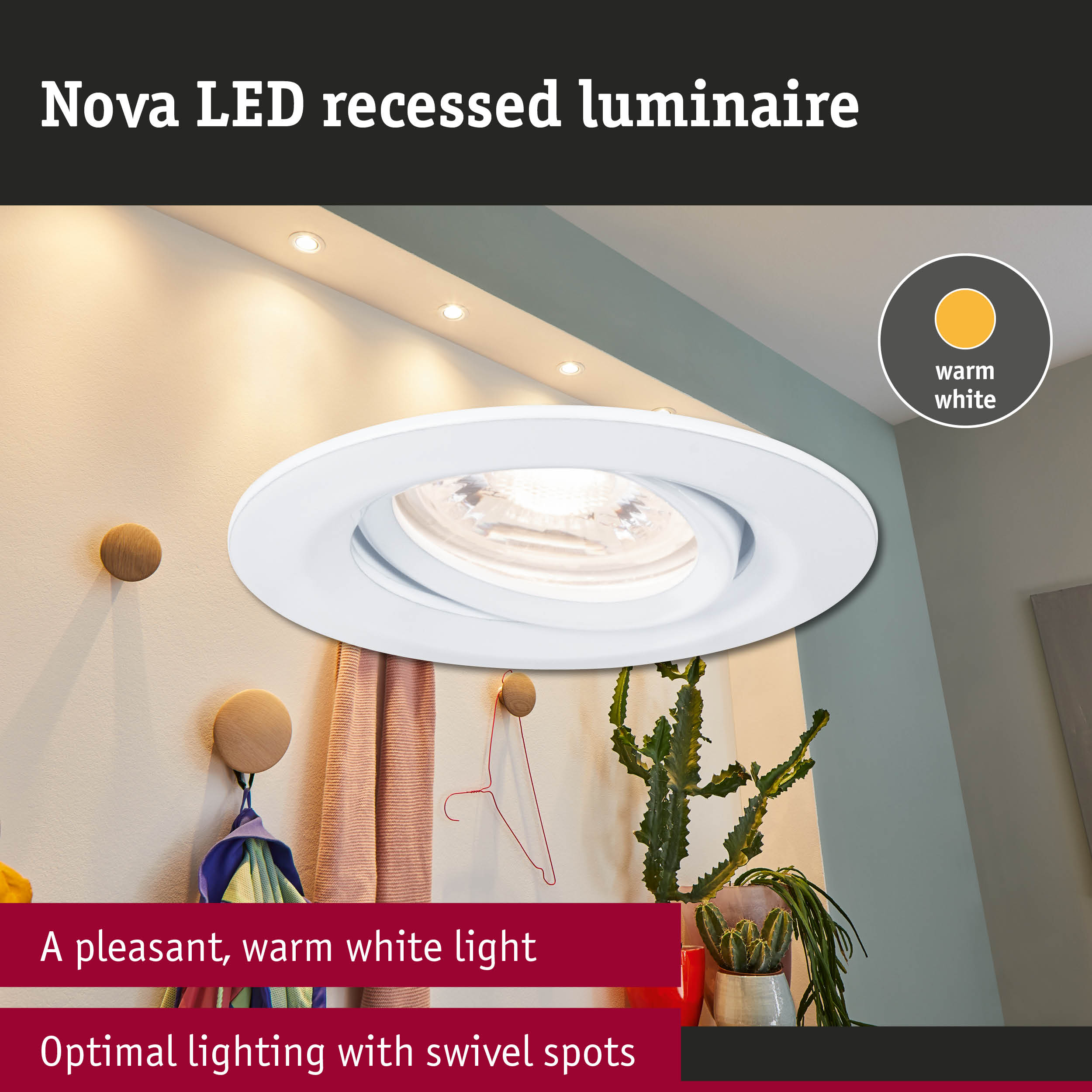 Nova white LED recessed spotlight with warm white light and swivel spots for optimal room lighting