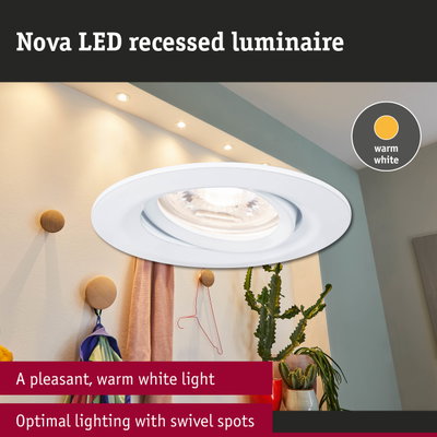 Nova white LED recessed spotlight with warm white light and swivel spots for optimal room lighting