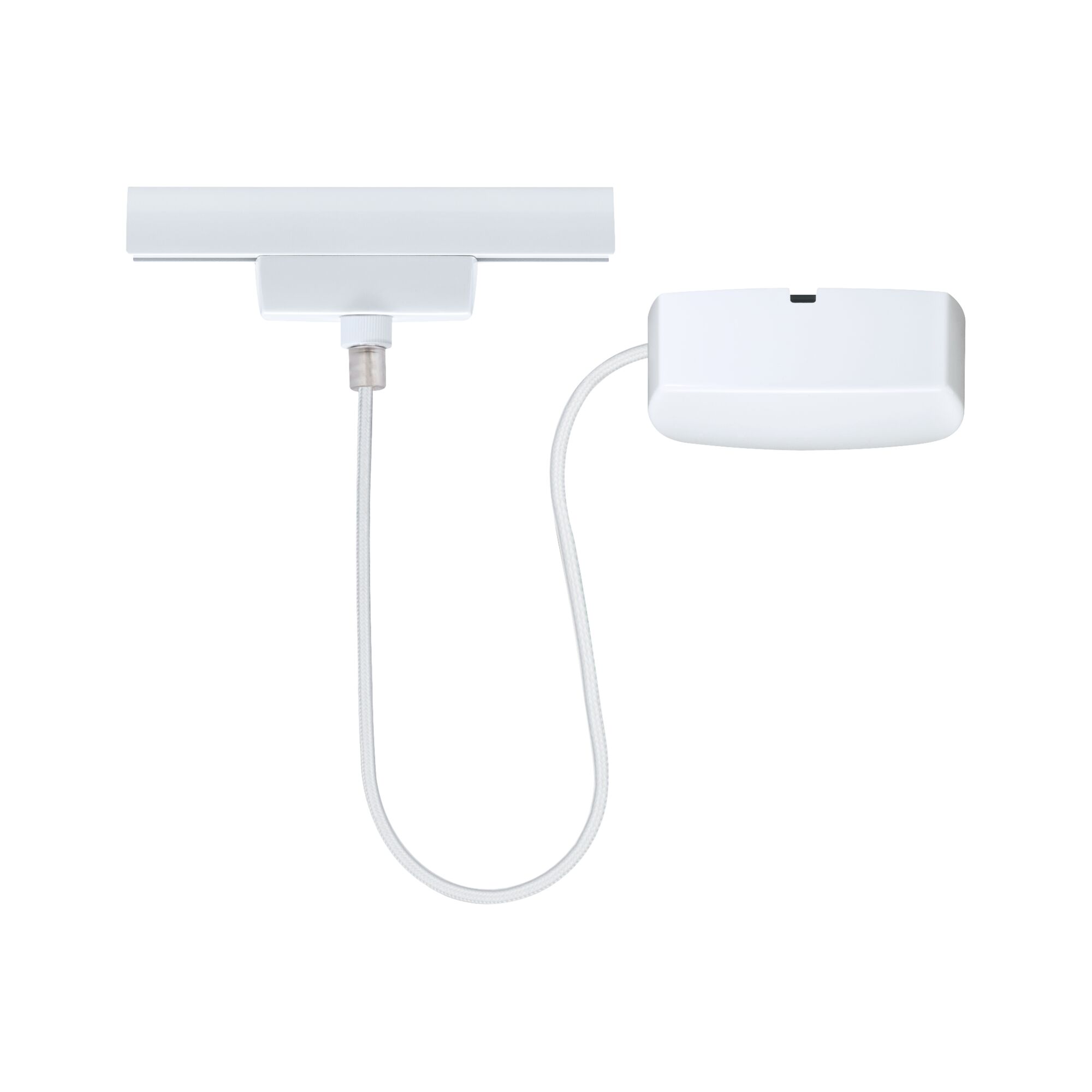 White LED track lighting system with cable and plastic connector box for flexible lighting setups
