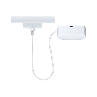 White LED track lighting system with cable and plastic connector box for flexible lighting setups