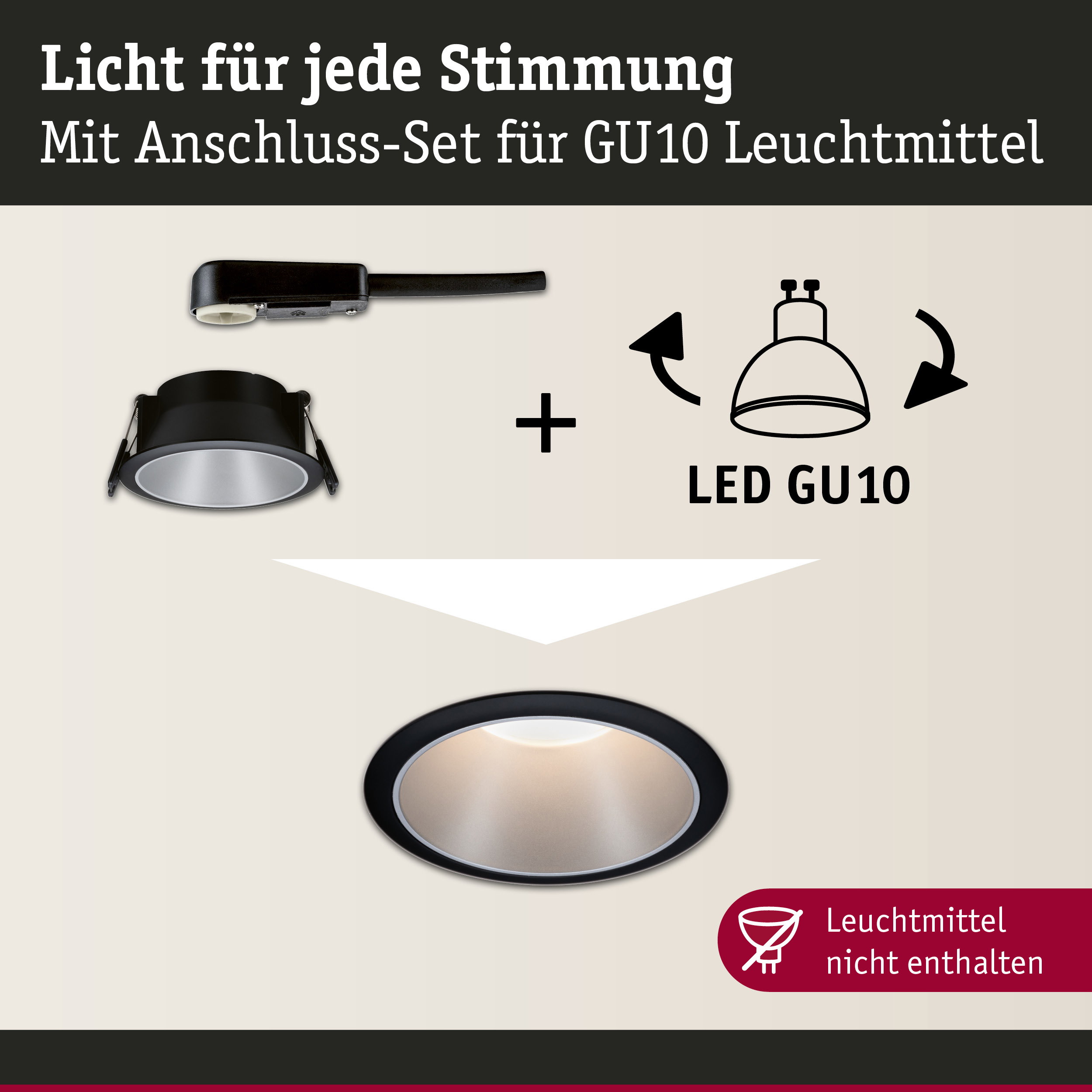 Schwarzes Einbaustrahler-Anschluss-Set für GU10 Leuchtmittel mit LED-Kompatibilität