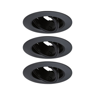 Three black metal recessed spotlights with adjustable inner ring for flexible LED lighting solutions