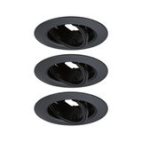 Three black metal recessed spotlights with adjustable inner ring for flexible LED lighting solutions