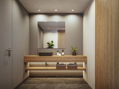 Salle de bain moderne avec meuble en bois, vasque en céramique grise et éclairage LED indirect pour mobilier élégant