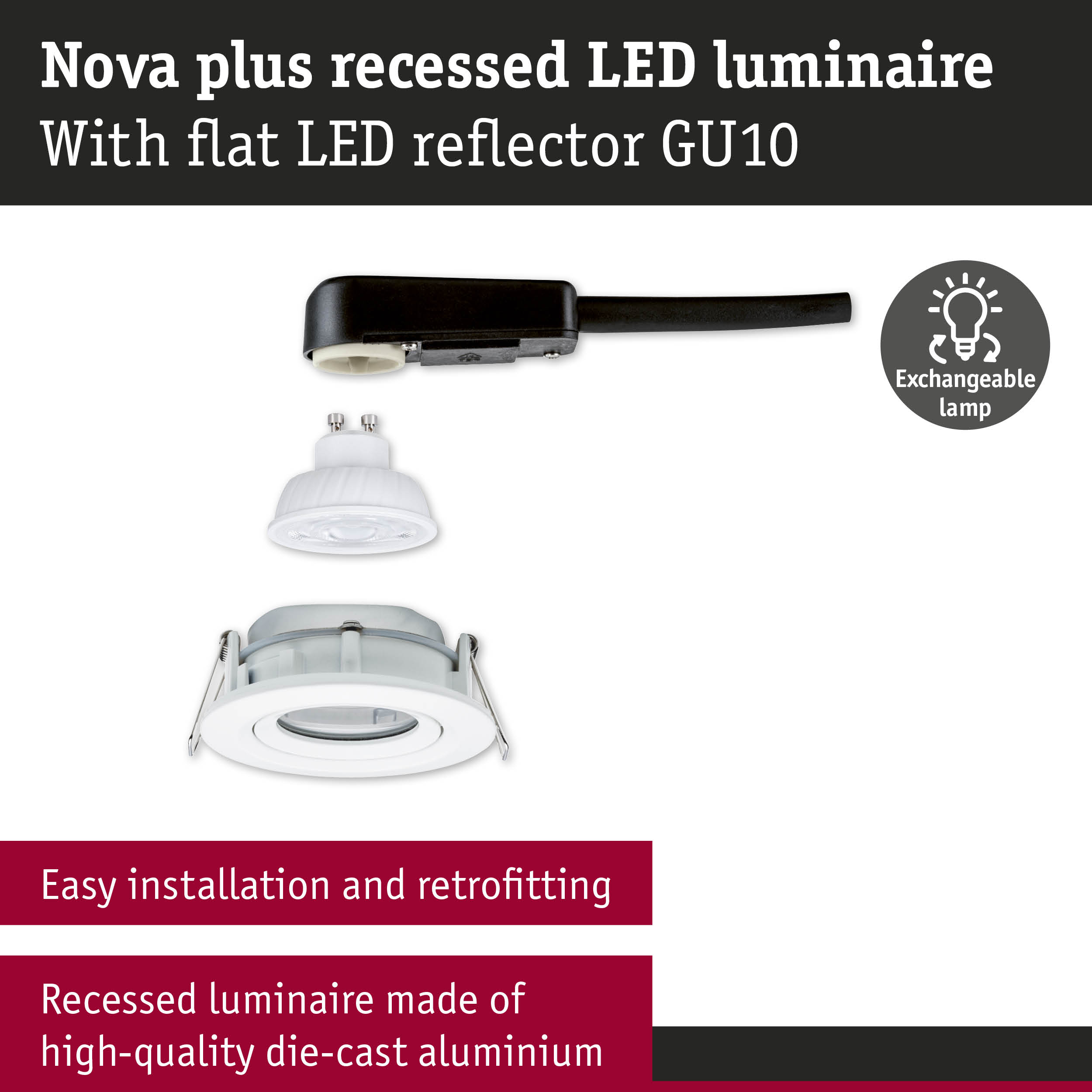 Nova plus recessed LED luminaire in white die-cast aluminium with GU10 socket and exchangeable lamp