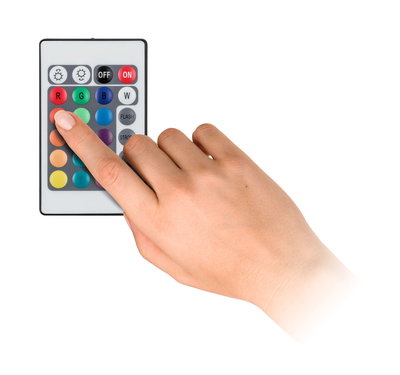 Hand pressing colorful remote control buttons for LED light color and mode adjustment.