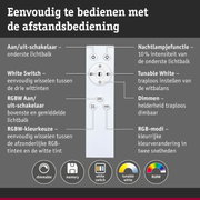 Afstandsbediening met dimfunctie, geheugen, white switch, tunable white en RGBW voor LED-verlichting.
