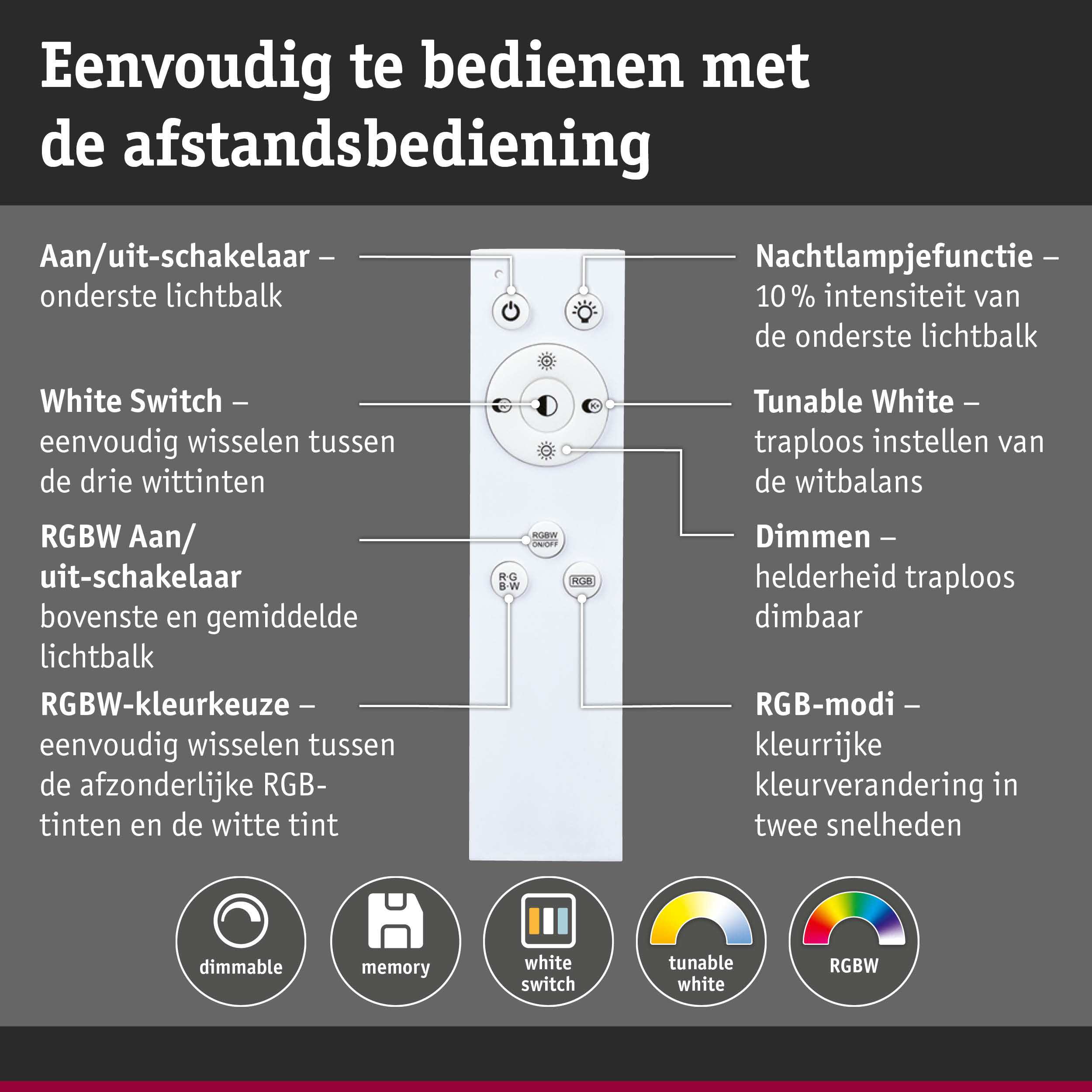 Afstandsbediening met dimfunctie, geheugen, white switch, tunable white en RGBW voor LED-verlichting.