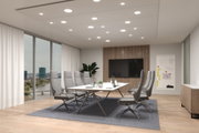 Modernes Konferenzzimmer mit grauen Bürostühlen und weißem Tisch auf grauem Teppich, LED-Deckenbeleuchtung