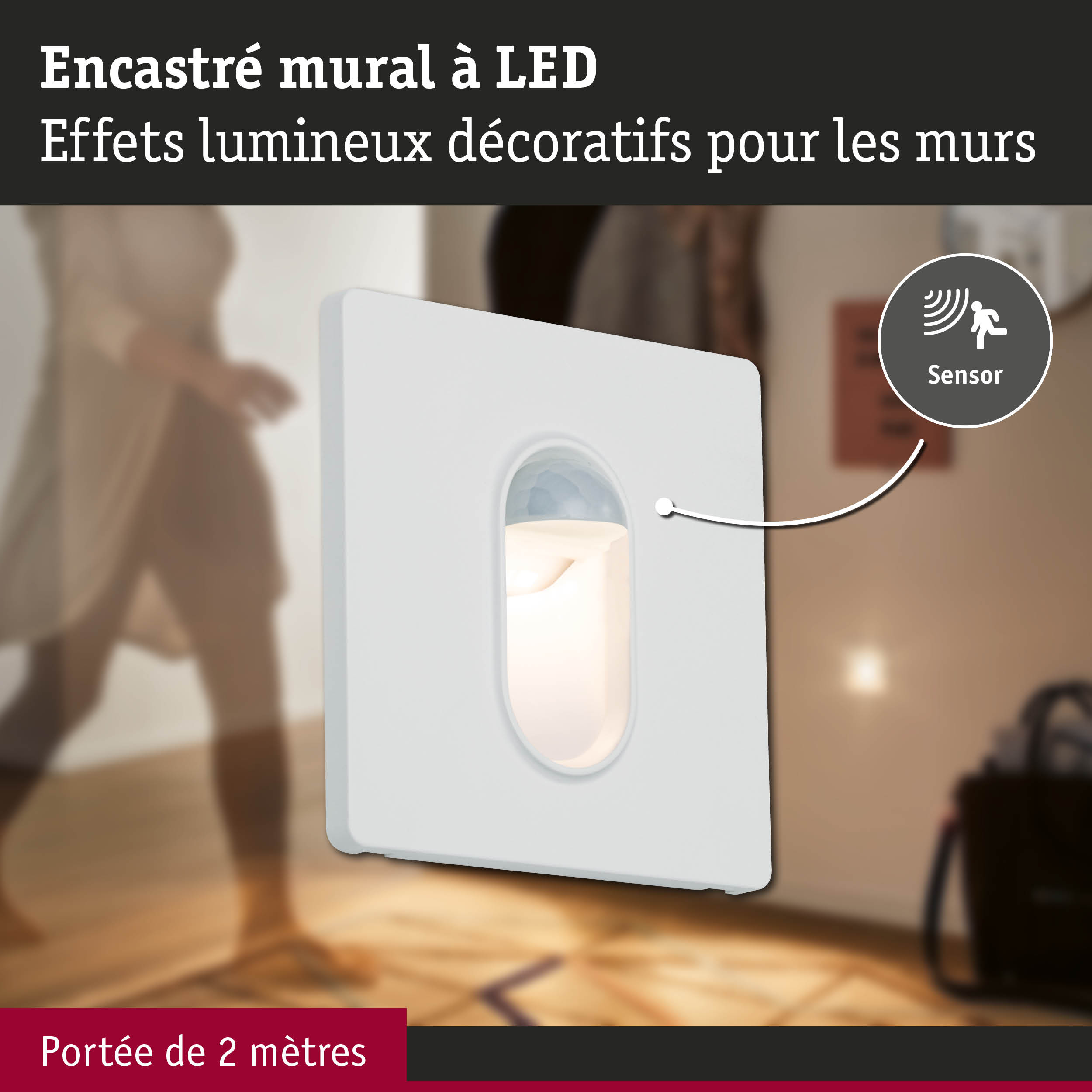 Encastrement mural LED blanc avec capteur de mouvement pour effets lumineux décoratifs, portée de 2 mètres