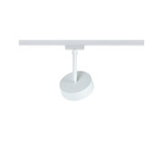 Moderner weißer LED-Strahler aus Metall an Schienensystem für flexible Raumbeleuchtung