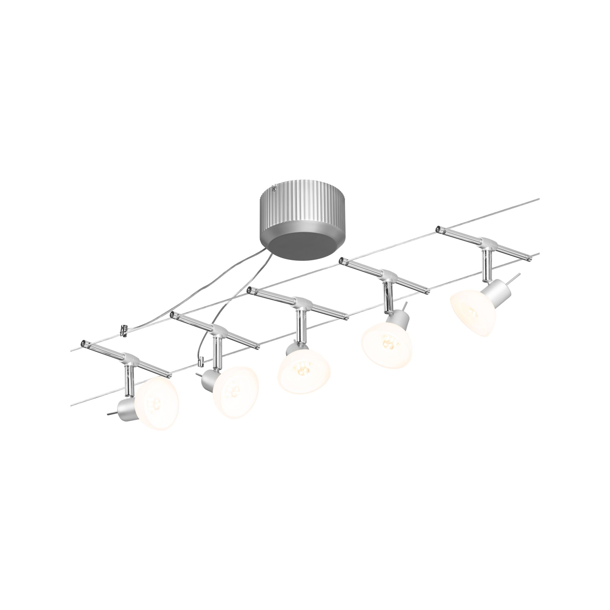 Moderne kabelspot met vijf witte metalen LED-lampen voor flexibele verlichting in huis