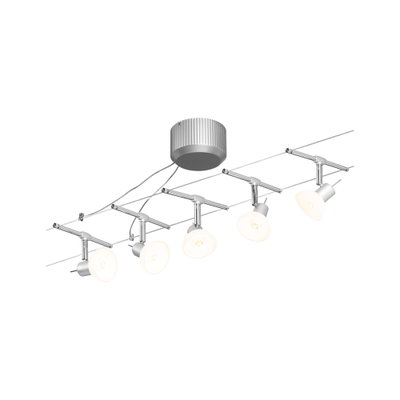 Moderne kabelspot met vijf witte metalen LED-lampen voor flexibele verlichting in huis