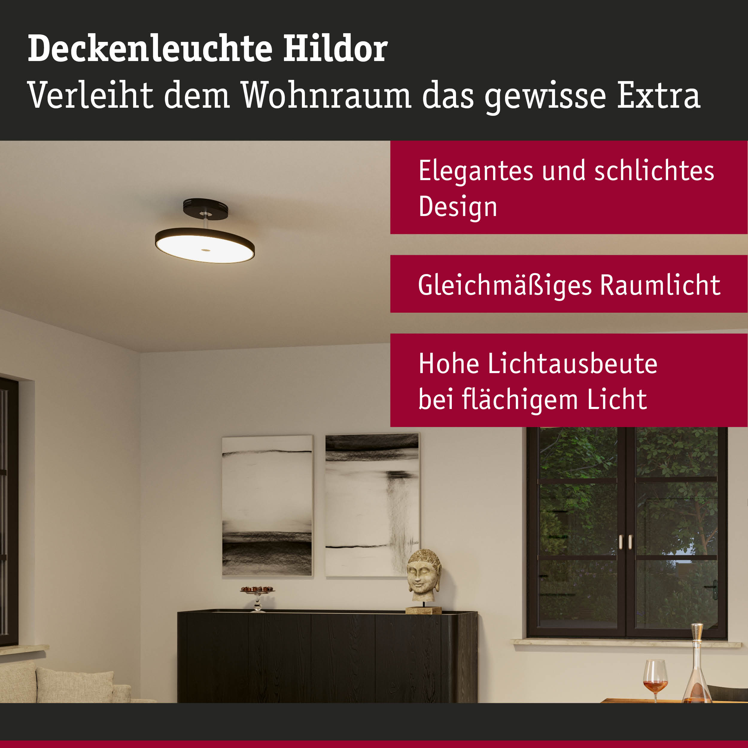 Deckenleuchte Hildor mit elegantem Design und gleichmäßigem Raumlicht in Schwarz und Weiß