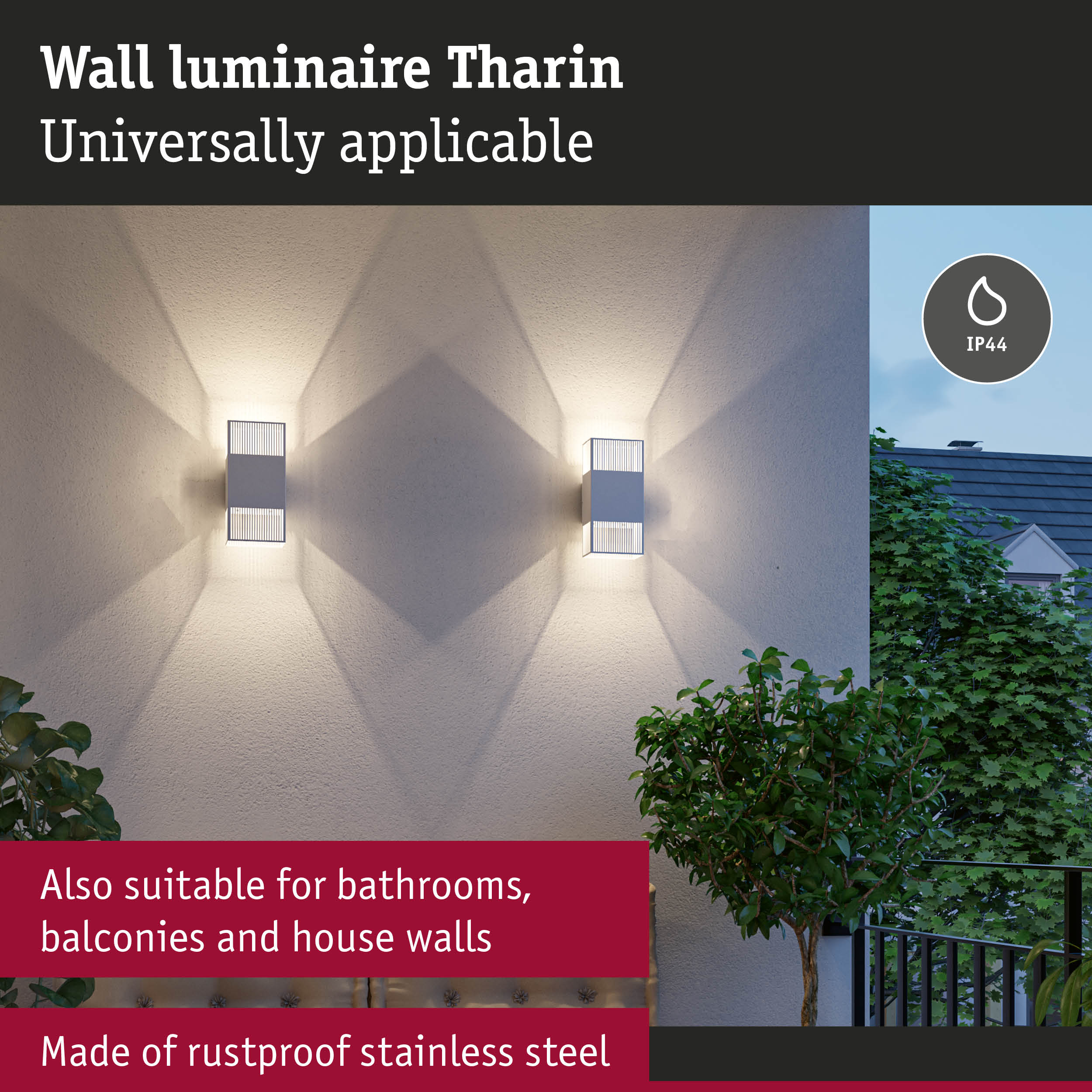 Tharin wall luminaire in white rustproof stainless steel, suitable for bathrooms and balconies with IP44 rating