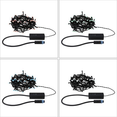 Four LED string lights with black cable in various colours for decorative lighting use.