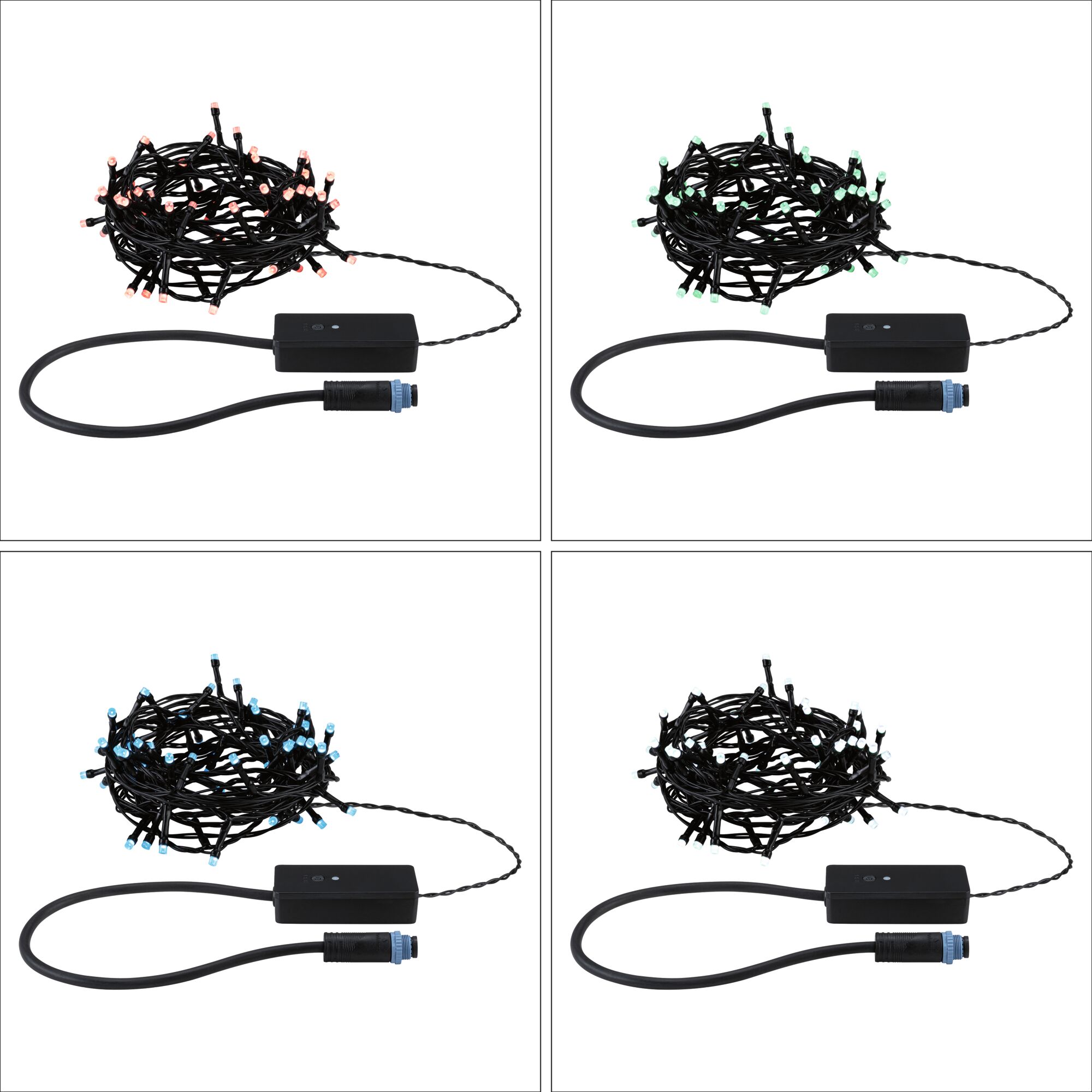 Vier LED-Lichterketten mit schwarzem Kabel in verschiedenen Farben für dekorative Beleuchtung.