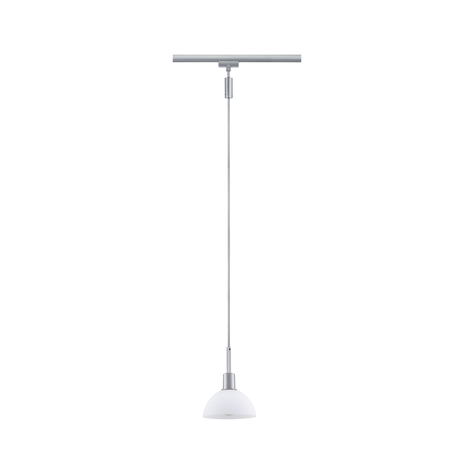 Moderne hanglamp met wit glas en zilverkleurig metaal voor railsysteemverlichting
