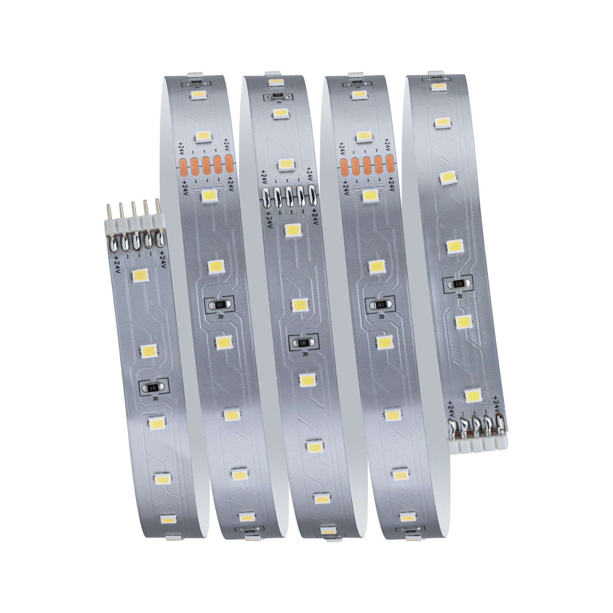 Flexible LED strip with white LEDs on silver circuit board for energy-efficient lighting