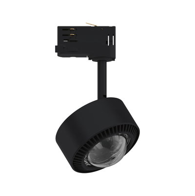 Schwarzer LED-Strahler aus Kunststoff mit klarem Glas und Schienenadapter für flexible Beleuchtung