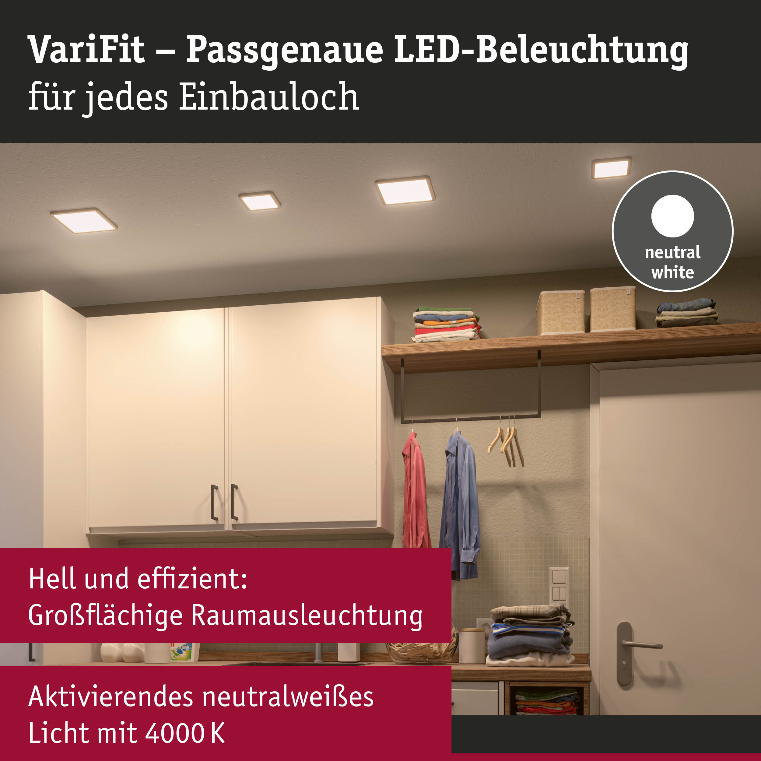 Weiße quadratische LED-Deckenleuchten mit neutralweißem Licht in einem modernen Ankleidezimmer