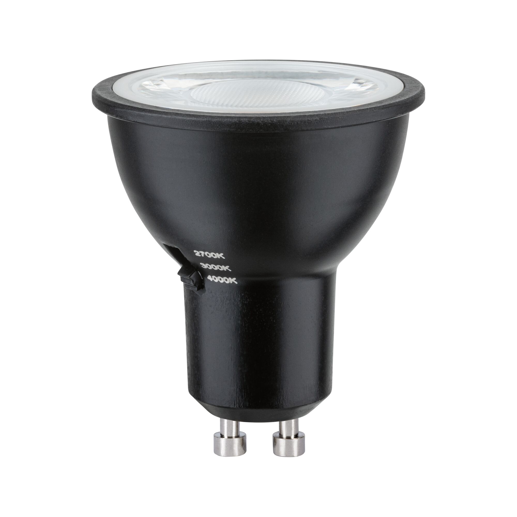 Schwarze LED-Reflektorlampe mit GU10-Sockel und einstellbarer Farbtemperatur 2700K bis 4000K