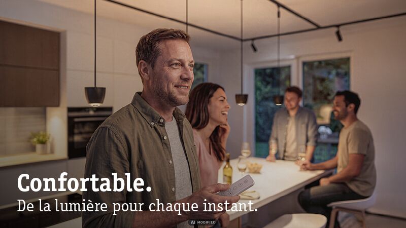 Homme contrôle des suspensions modernes dans une cuisine conviviale avec des amis sous une lumière d'ambiance