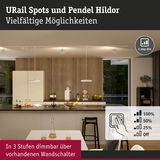 Moderne weiße Pendelleuchten und Spots in Küche mit Holzpaneelwand, dimmbar in 3 Stufen über Wandschalter