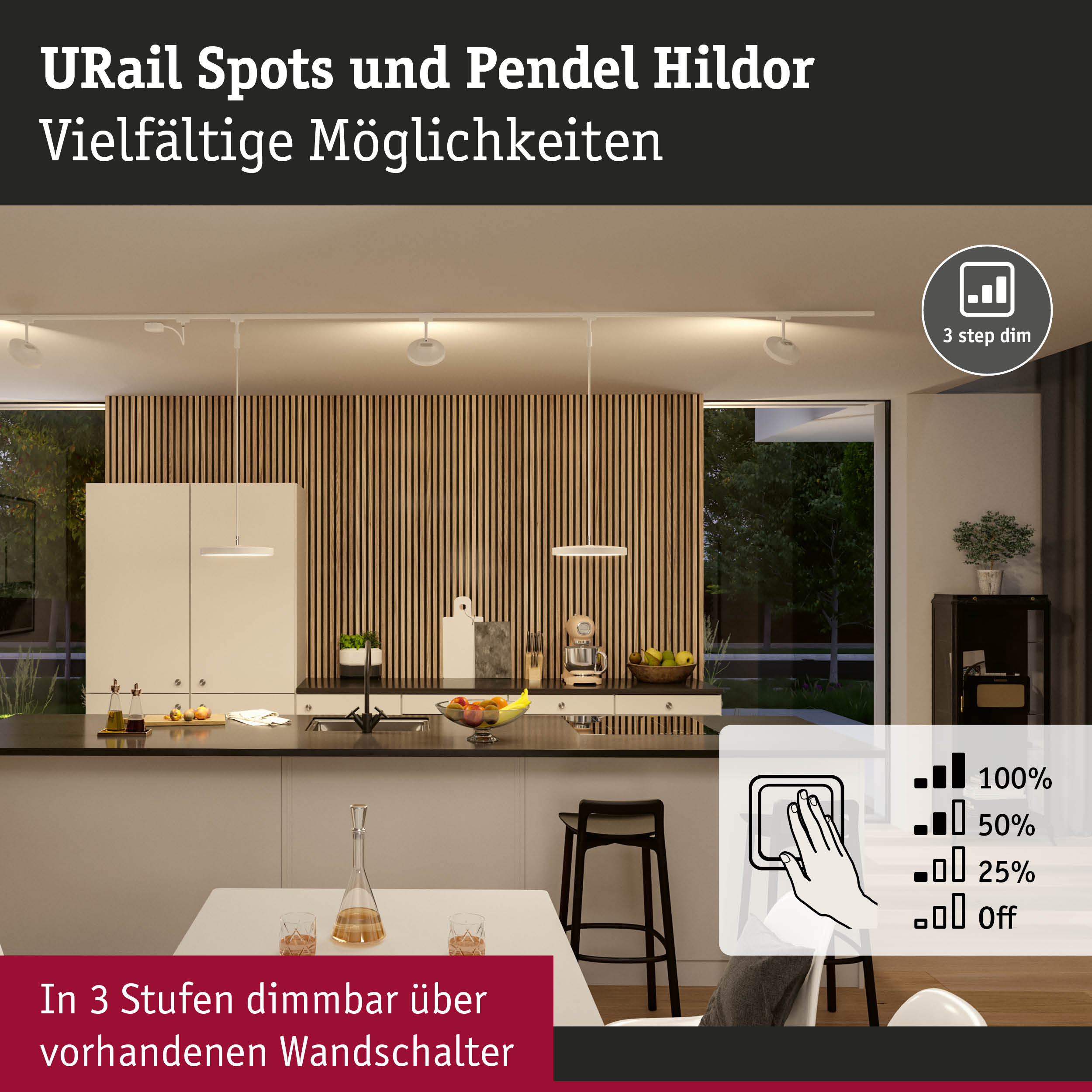 Moderne weiße URail Spots und Pendel Hildor mit 3-Stufen-Dimmung in stilvoller Küche mit Holzpaneelen