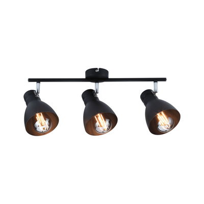 Zwarte metalen plafondlamp met drie verstelbare spots voor moderne verlichting