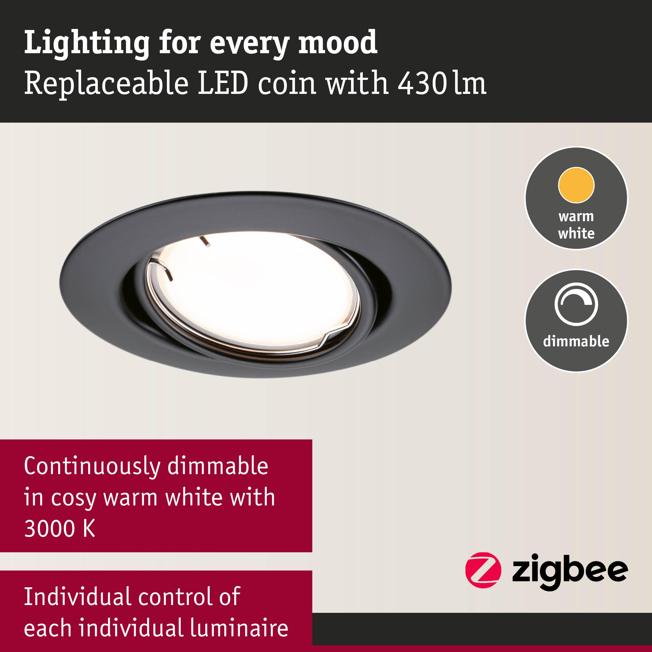 Black LED recessed spotlight with warm white dimmable light and 430 lumens for individual control