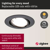 Black LED recessed spotlight with warm white dimmable light and 430 lumens for individual control