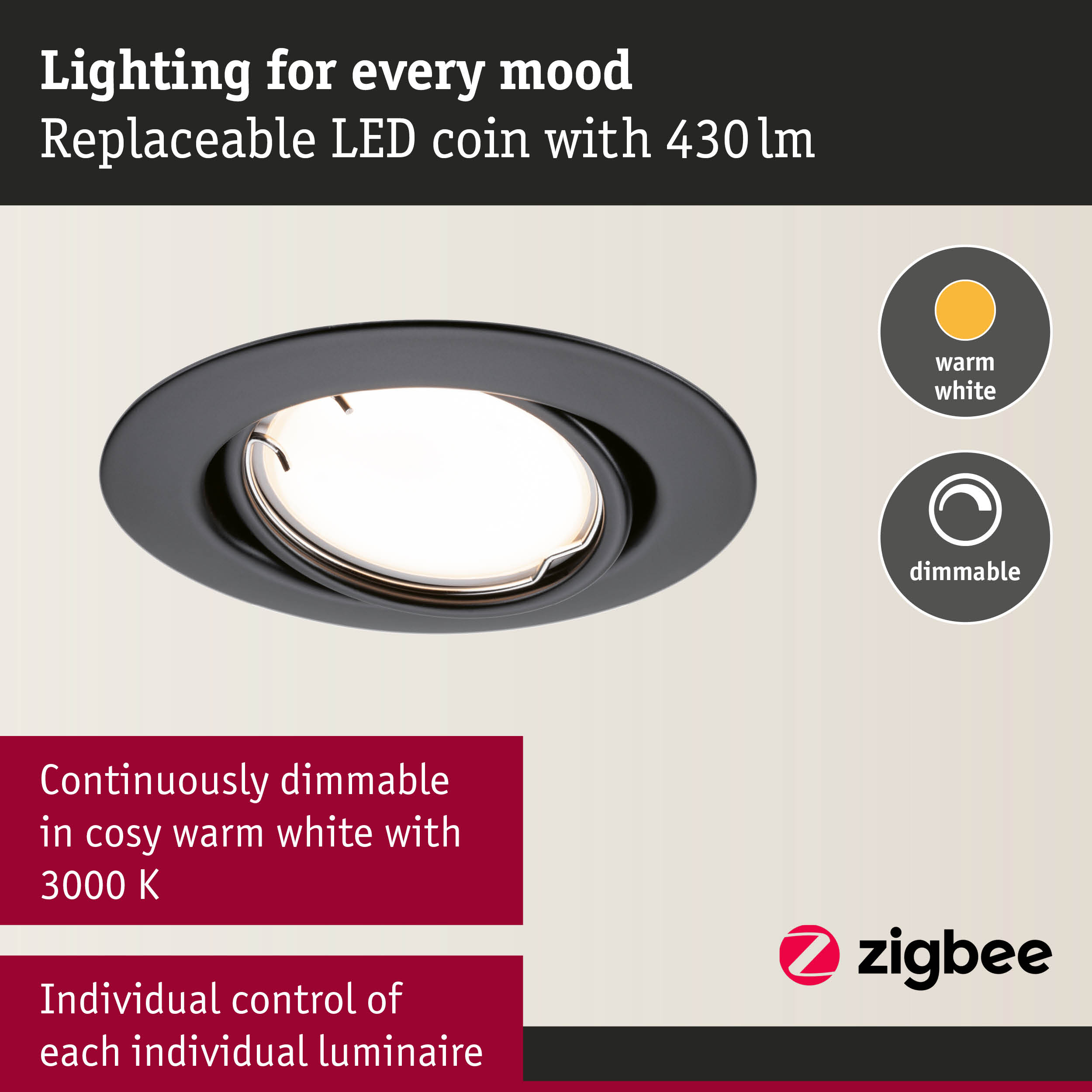 Black LED recessed spotlight with warm white light and dimmable feature for personalized lighting control.