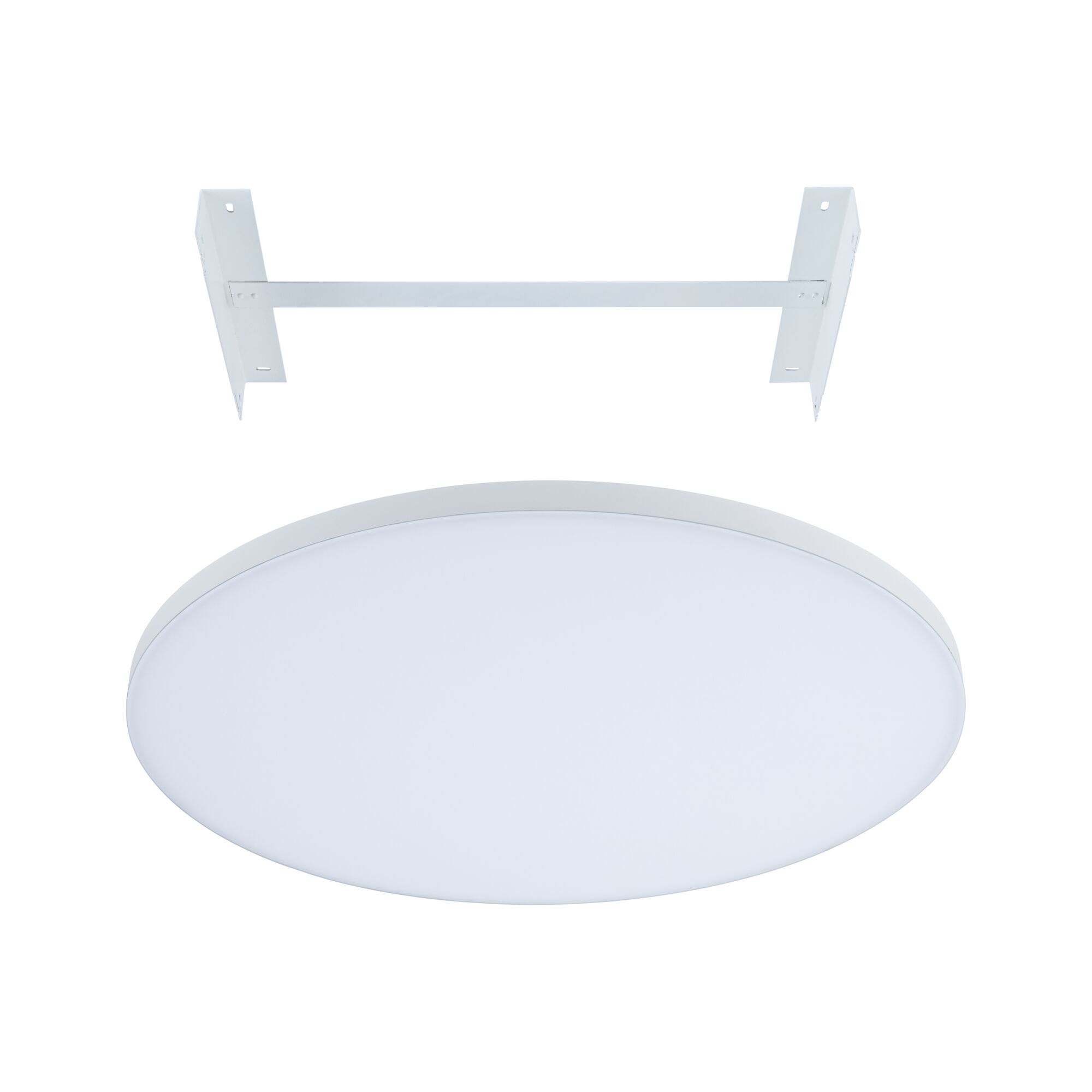 Round white LED ceiling light with metal bracket, energy-efficient indoor lighting