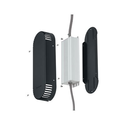 Explosietekening van zwarte aluminium behuizing met witte LED-driver en kabels voor LED-verlichting