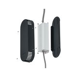 Explosietekening van zwarte aluminium behuizing met witte LED-driver en kabels voor LED-verlichting