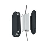 Explosietekening van zwarte aluminium behuizing met witte LED-driver en kabels voor LED-verlichting