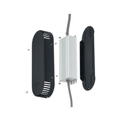 Exploded view of black aluminum housing with white LED driver and cables for LED lighting installation