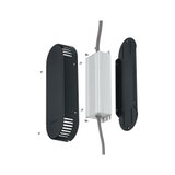 Exploded view of black aluminum housing with white LED driver and cables for LED lighting installation