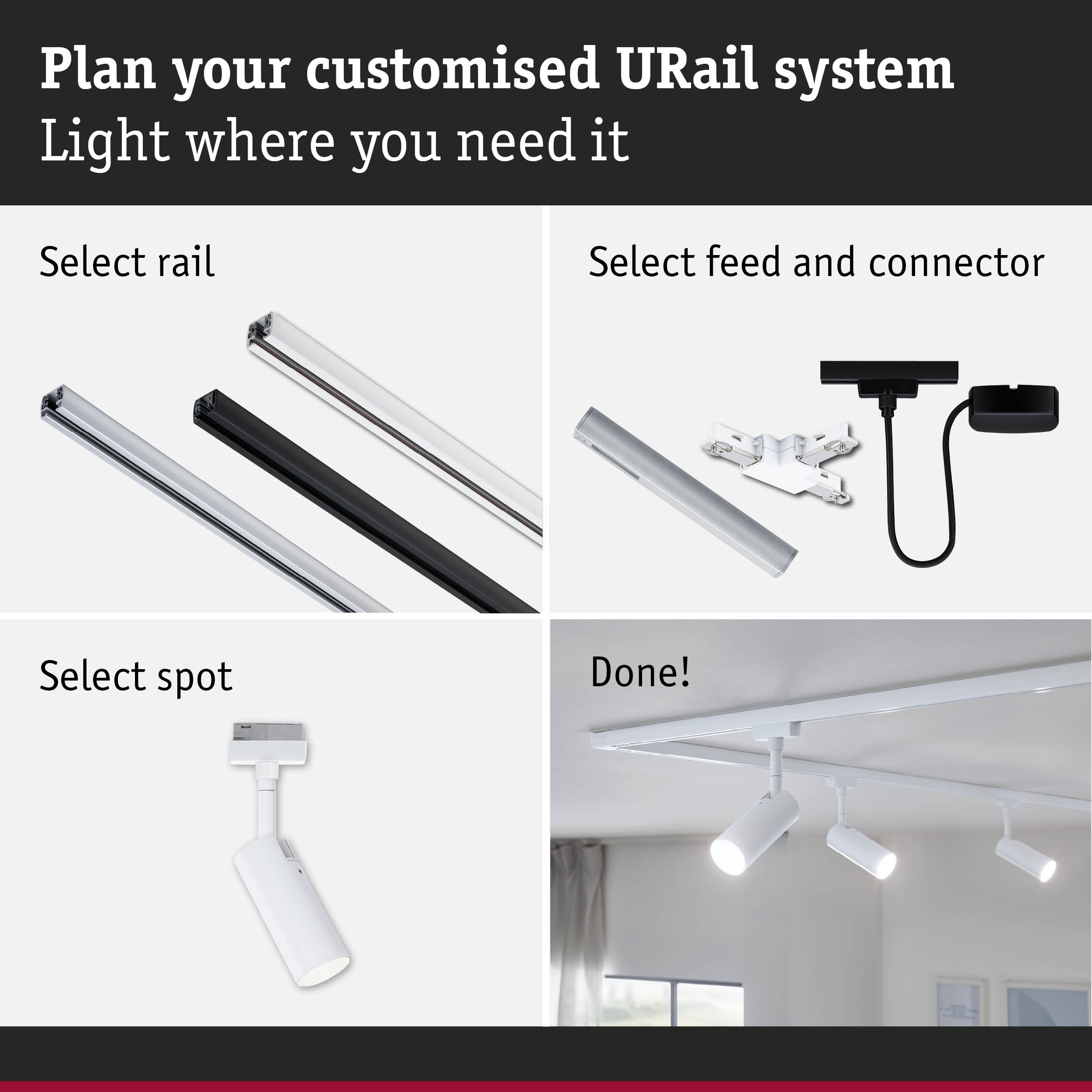 Modular URail track system with white and black rails, connectors, and white spotlights for customizable lighting