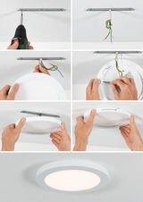 Step-by-step installation of round white plastic LED ceiling light with energy-saving illumination.