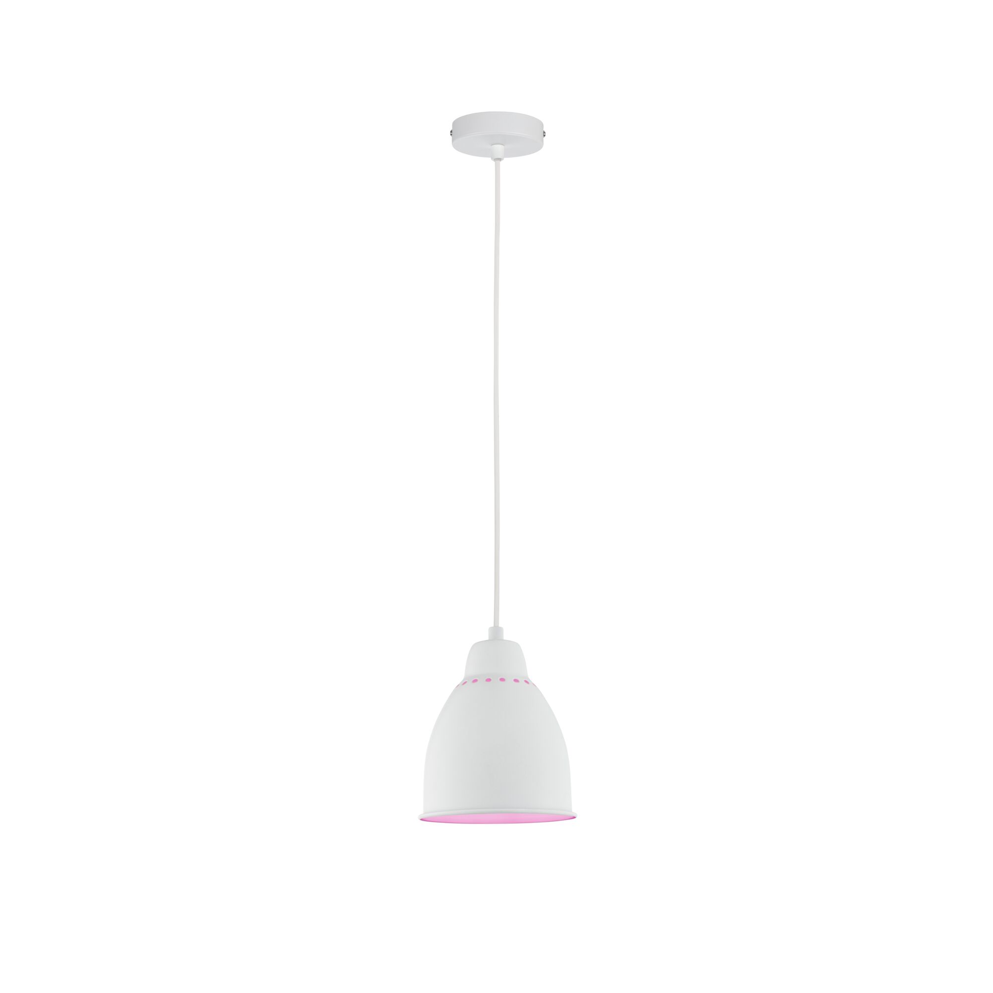 Witte metalen hanglamp met roze lichtaccent voor moderne woonverlichting