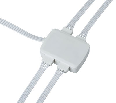 White plastic connector box with multiple cable ports for LED lighting systems