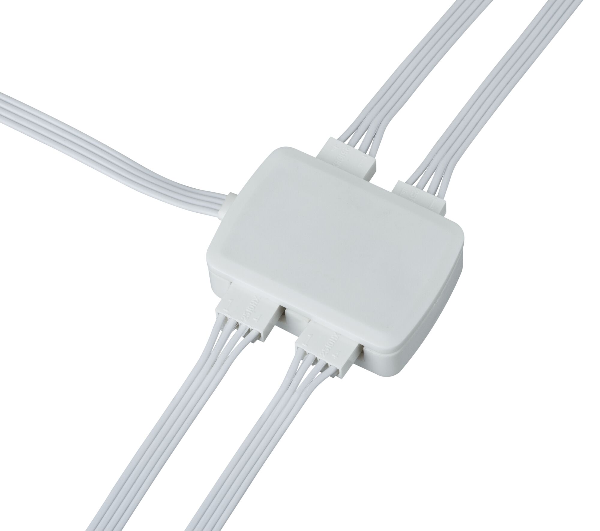 White plastic connector box with multiple cable ports for LED lighting systems