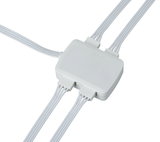 White plastic connector box with multiple cable ports for LED lighting systems