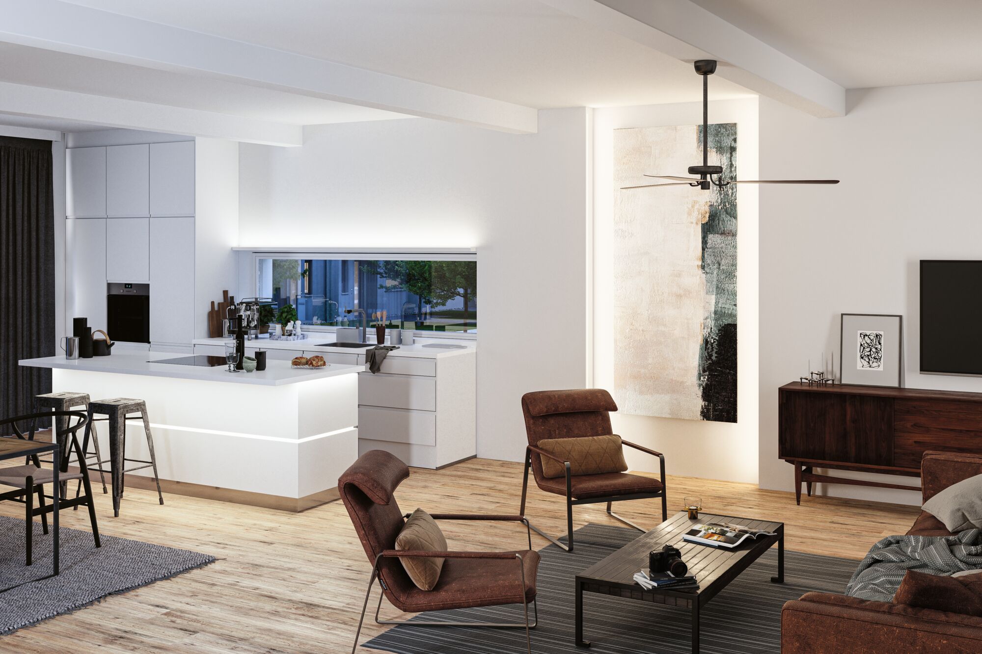 Salon moderne avec fauteuils en tissu marron, table basse en bois et îlot de cuisine blanc avec éclairage LED