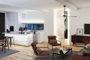 Salon moderne avec fauteuils en tissu marron, table basse en bois et îlot de cuisine blanc avec éclairage LED