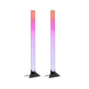 Zwei moderne LED-Lichtleisten mit Farbverlauf in Rot, Pink und Blau auf schwarzer Basis für Ambientebeleuchtung