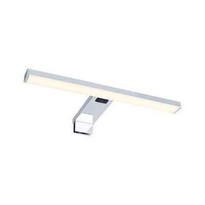 Modern chrome LED mirror light with warm white illumination and touch switch for bathroom lighting